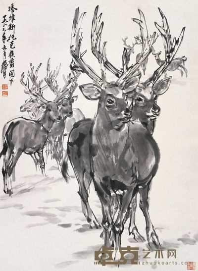 黄胄 1987年作 群鹿 镜心 94.5×69cm